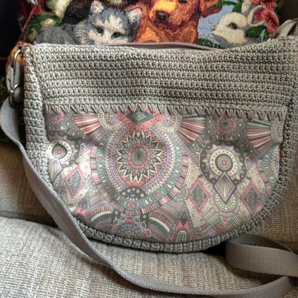 Sakroots Gray and Pink Bohemian Style Crossbody Crochet Bag - Picture 2 of 13